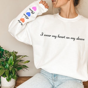 I Wear My Heart On My Sleeve Sweatshirt, Mothers Day Shirt, Mama Sweatshirt with Kids Name on Sleeve, Personalized Mother Day Gift for Mom