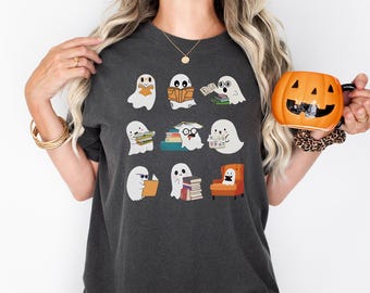 Comfort Colors® Cute Ghost Reading Books Shirt, Womens Halloween Shirt, Books Lover Halloween Shirt, Bookish Halloween Shirt, Spooky Season