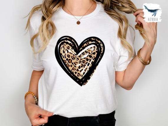 Leopard Print Heart T-Shirt, Women's Love Shirt