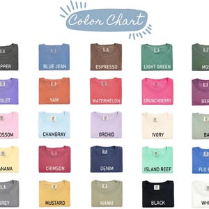 May include: A color chart featuring a variety of t-shirts in different colors. The chart includes colors such as pepper, blue jean, espresso, light green, moss, violet, yam, watermelon, crunchberry, berry, blossom, chambray, orchid, ivory, bay, banana, crimson, denim, island reef, flo blue, grey, mustard, khaki, black, and white.