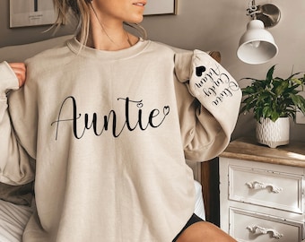 Custom Auntie Sweatshirt, Personalized Nieces Nephews Names on Sleeve