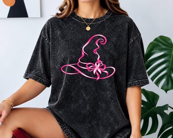 ACID WASH Heavyweight Oversized Breast Cancer Awareness Witch Hat Shirt, Pink Ribbon Halloween Tee, Breast Cancer Survivor Gift