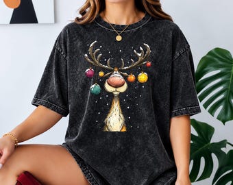 ACID WASH Heavyweight Oversized Reindeer Shirt, Christmas T-Shirt, Retro Reindeer Tee, Merry Christmas  Gift, Xmas