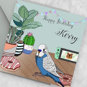 Cartão de aniversário personalizado com tema de pássaro azul titt animal cruzando planta nintendo cartão de felicitações feito à mão desenhado à mão personalizado feliz aniversário