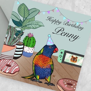 Carte nintendo personnalisée sur le thème des oiseaux, croisement des animaux, carte de voeux personnalisée joyeux anniversaire lori arc-en-ciel