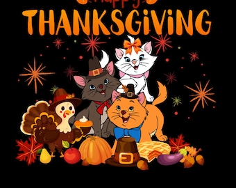 Może przedstawiać: Grafika w tematyce Święta Dziękczynienia ze słowami "Happy Thanksgiving" w kolorze pomarańczowym. Obraz przedstawia kreskówkowe koty, indyka, dynie i jesienne elementy żniw na czarnym tle.