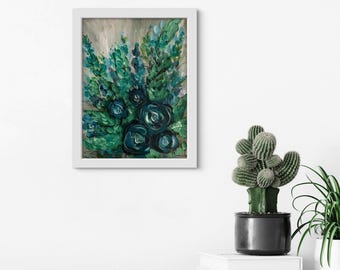 Framed Floral Painting "Shades of Blue" Blue Flowers