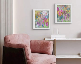 Framed Dyptich Pair of Pink Abstract Art “Guardian Angel I and II”