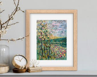 Abstract Colorful Landscape Art Tree and Field of Flowers