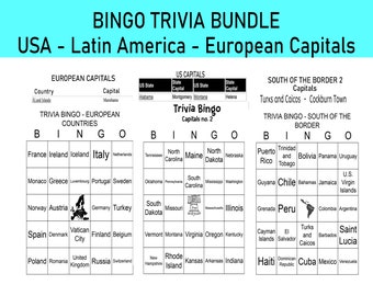 Bingo Game Kids Family, BINGO USA Capitals, Bingo Quiz Vragen Trivia, Bingo, Grote Groep, Vakantie, Feest, Senioren, Bladen, Afdrukbaar,