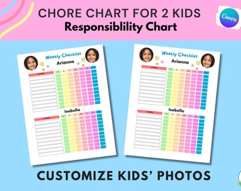 Bewerkbaar takenschema voor meerdere kinderen, takenschema voor kinderen, afdrukbaar takenschema, dagelijkse verantwoordelijkheid voor kinderen, checklist voor kinderen, takenlijst