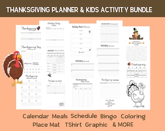 Thanksgiving planner afdrukbaar, Thanksgiving kinderactiviteit placemat, T-shirt afbeelding, Thanksgiving kinderactiviteiten, bingo, woordzoeker, kleur