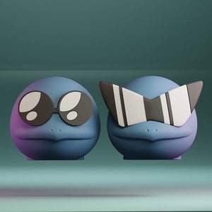 May include: Two blue cartoon characters with different sunglasses. The character on the left has round black sunglasses. The character on the right has white and black striped sunglasses.