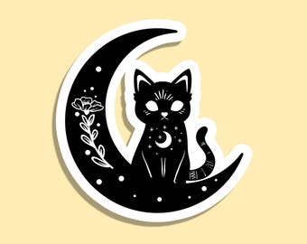 Celestial Cat Sticker | Cute Cat Sitting on Moon | Sticker | Celestial | Gift | Decal