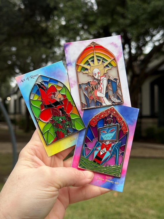 LE Stained glass Alastor Lucifer and Vox 75 mm tall enamel pins