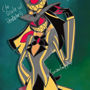 May include: Illustration of a character in a gray and yellow suit with a top hat. The character has a red bow tie and a black flower. The text says "75mm tall Nickel w/ printing".