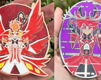 Pre order for restock JUMBO Alastor and Lucifer Hard Enamel Pins with glitter 90 mm tall