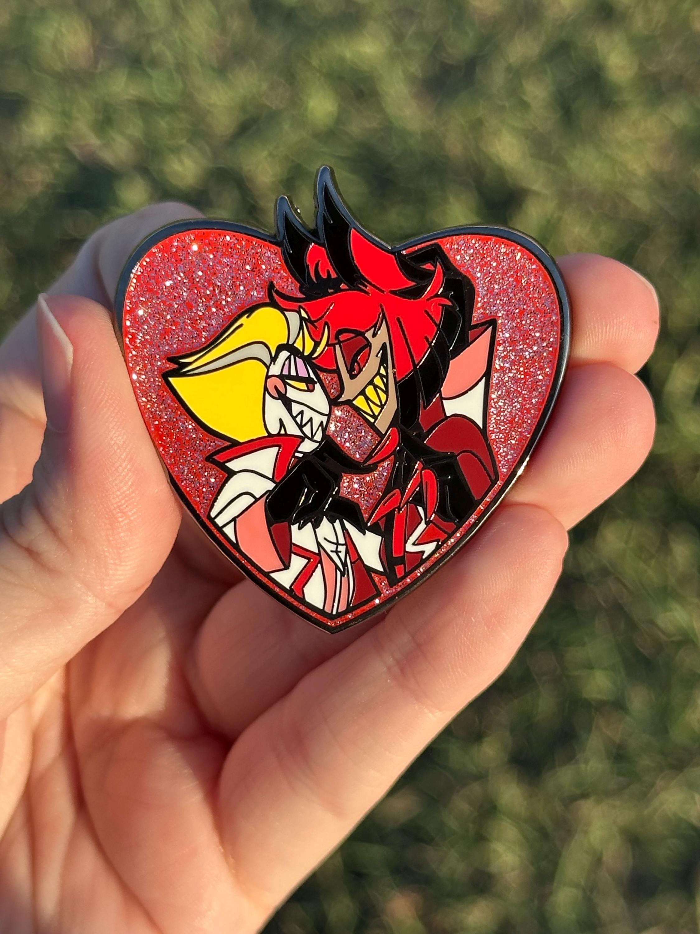 Radioapple Alastor X Lucifer Heart Glitter Pin Black Nickel 50 Mm