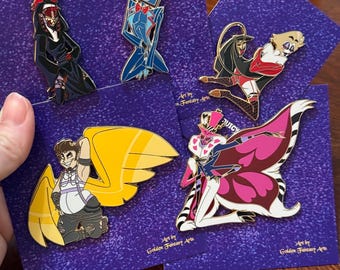 Hazbin Hotel Enamel Pins: Alastor, Lucifer, Adam, Vox, Valentino - Collab pinups
