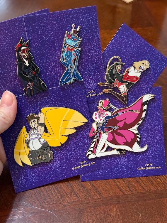 Hazbin Hotel Enamel Pins: Alastor, Lucifer, Adam, Vox, Valentino - Collab pinups