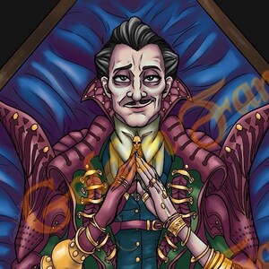 May include: A man with a dark mustache and goatee is wearing a dark purple and green suit with gold accents. He is sitting in a coffin with a skull on his tie. The coffin is lined with blue fabric.