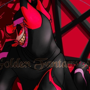 Könnte beinhalten: Eine digitale Illustration eines roten und schwarzen Charakters mit einem breiten, zahnigen Grinsen. Der Charakter trägt eine schwarze Kapuzenjacke mit roten Akzenten. Der Hintergrund ist ein rotes und schwarzes geometrisches Muster.