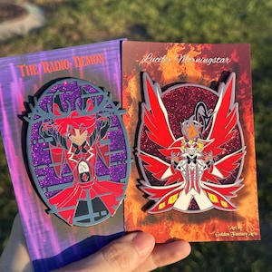 Jumbo 90 mm Alastor and Lucifer Hazbin Hotel Hard Enamel Pins with glitter