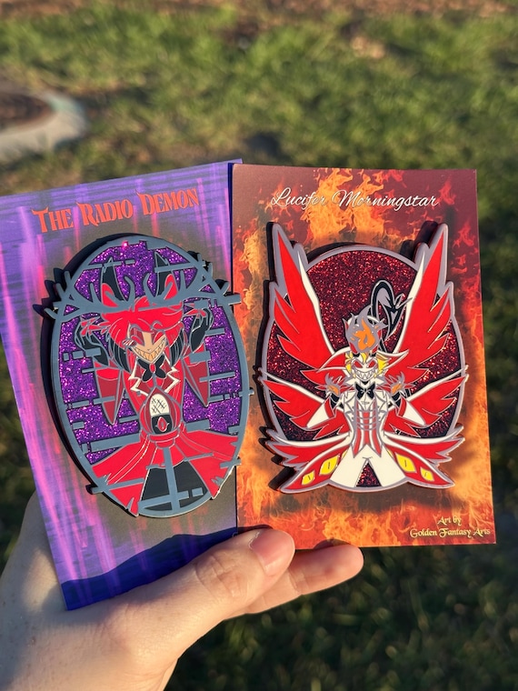 Jumbo 90 mm Alastor and Lucifer Hazbin Hotel Hard Enamel Pins with glitter