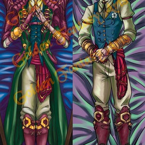 May include: A digital illustration of a man in a coffin. He is wearing a green jacket, a blue vest, a white shirt, a red sash, and gold jewelry. He has a white flower on his lapel. He is wearing brown boots with gold buckles. The background is a purple and blue patterned fabric.