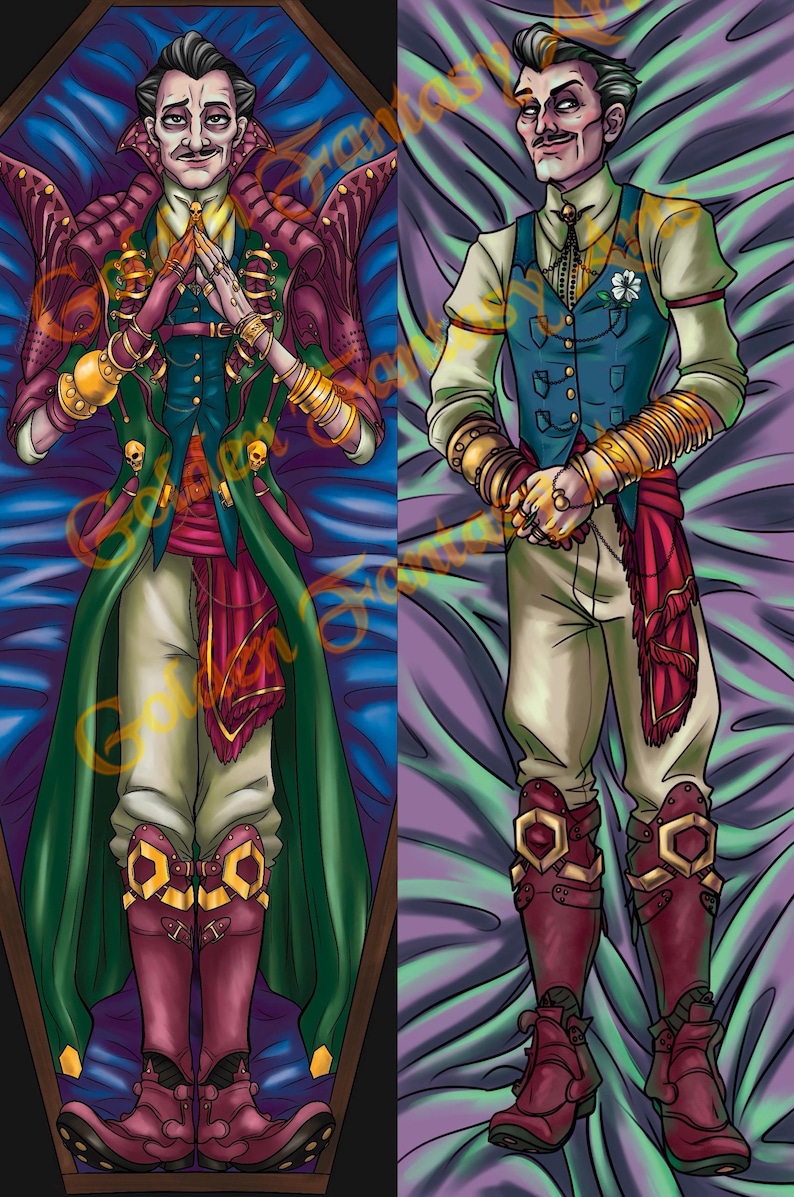 May include: A digital illustration of a man in a coffin. He is wearing a green jacket, a blue vest, a white shirt, a red sash, and gold jewelry. He has a white flower on his lapel. He is wearing brown boots with gold buckles. The background is a purple and blue patterned fabric.