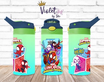 Superhero inspired kids bottles flip top personalized with name 12oz 20oz. School Water Bottle with Name. Birthday Gift for kids