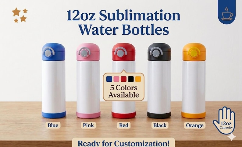 K&ouml;nnte beinhalten: F&uuml;nf 355ml Sublimations-Wasserflaschen mit wei&szlig;em K&ouml;rper und farbigen Deckeln und B&ouml;den in Blau, Pink, Rot, Schwarz und Orange. Der Text lautet 12oz Sublimation Water Bottles, 5 Colors Available und Ready for Customization.