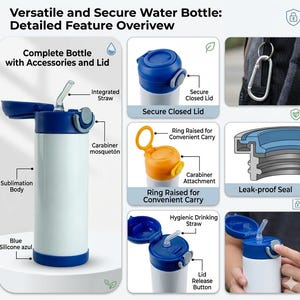 Puede incluir: Una botella de agua blanca y azul con tapa segura, pajita integrada y mosquet&oacute;n. Incluye un sello a prueba de fugas y un bot&oacute;n de liberaci&oacute;n de la tapa. Dise&ntilde;ada para un transporte c&oacute;modo.