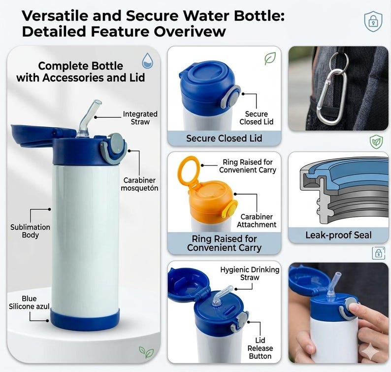 Puede incluir: Una botella de agua blanca y azul con tapa segura, pajita integrada y mosquet&oacute;n. Incluye un sello a prueba de fugas y un bot&oacute;n de liberaci&oacute;n de la tapa. Dise&ntilde;ada para un transporte c&oacute;modo.