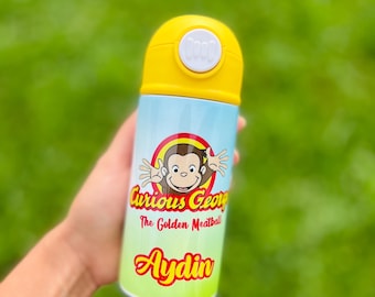 Botella infantil Monkey Cup de 355 ml (12 oz) para niños y niñas. Regalo de cumpleaños personalizado con nombre. Botellas de agua para la escuela.
