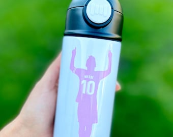 Messi inspired kids bottles flip top personalized with name 12oz, 20oz. Sport water bottle soccer player.