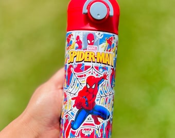 Superheroe Spider inspired kids bottles flip top personalized with name 12oz-20oz. School Water Bottles for Kids. Hot/Cold Drinks