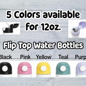 Puede incluir: Botellas de agua con tapa abatible en negro, rosa, amarillo, verde azulado y morado. La imagen muestra las tapas y el texto "5 colores disponibles para 355 ml".