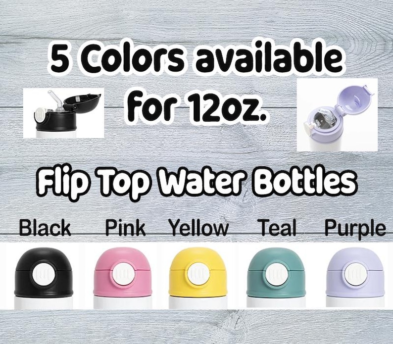 Puede incluir: Botellas de agua con tapa abatible en negro, rosa, amarillo, verde azulado y morado. La imagen muestra las tapas y el texto "5 colores disponibles para 355 ml".