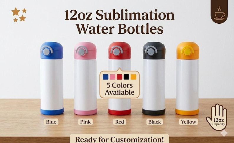 Puede incluir: Cinco botellas de agua de sublimaci&oacute;n de 355 ml en azul, rosa, rojo, negro y amarillo. Cada botella tiene un cuerpo blanco y una tapa y base de color. La imagen incluye el texto "12oz Sublimation Water Bottles".