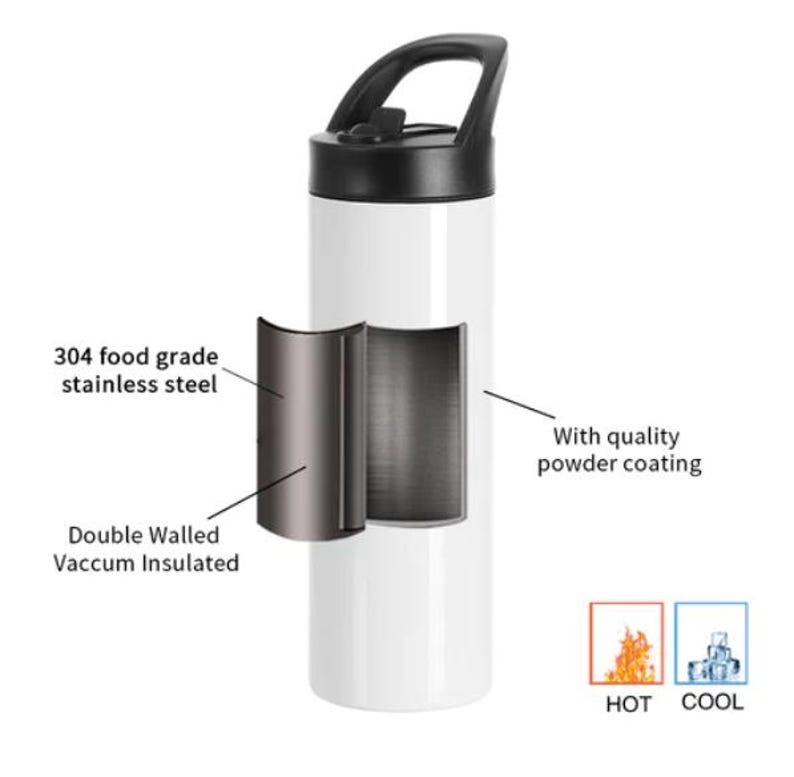 Puede incluir: Botella de agua aislada blanca con tapa y asa negras. Vista en corte que muestra aislamiento al vac&iacute;o de doble pared y acero inoxidable 304. Apta para bebidas fr&iacute;as y calientes.