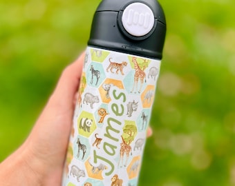Botella de agua personalizada con diseño de animales del zoológico, 12 y 20 onzas. Acero inoxidable.