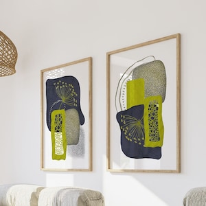 Abstract Wall Art, Green and Navy Blue Watercolour Shapes Printable Wall Art Set of 2 Geometric Hallway Print, Living Room Wall Decor