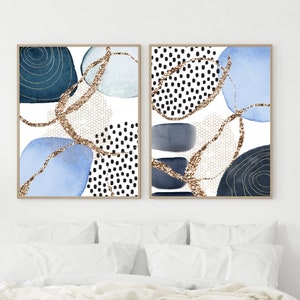 Arte de pared abstracto, arte de pared imprimible de formas de acuarela, conjunto azul, negro y dorado de 2 impresiones, conjunto de impresión geométrica