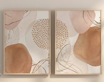 Abstracte kunstafdrukken, afdrukbare muurkunst neutraal beige, rustiek woonkamerdecor, posterafdruk hal, set van 2