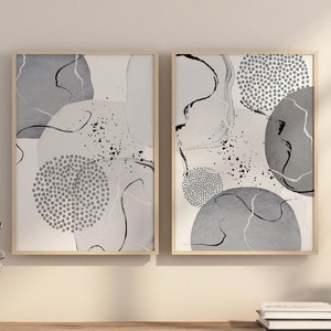 Grey Abstract Wall Art, Grey and Black Watercolour Shapes Printable Wall Art Set of 2 Geometric Hallway Print, Living Room Wall Decor