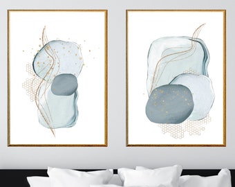 Abstract Wall Art, Watercolour Shapes Printable Wall Art, Blue Grey Gold  Set of 2 Prints, Geometric Print Set