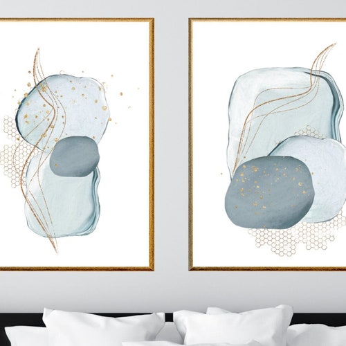 Abstract Wall Art Blue Grey Gold Watercolour Shapes Printable Etsy