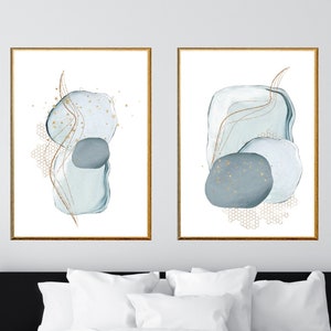 Abstract Wall Art, Watercolour Shapes Printable Wall Art, Blue Grey Gold  Set of 2 Prints, Geometric Print Set