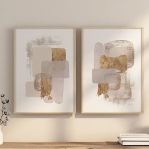 Abstract Art Prints, Neutral, Beige and Gold Printable Wall Art, Block Colour Brush Strokes, Modern Set of 2 Living Room Wall Decor